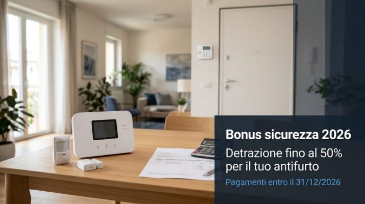 Centrale antifurto e sensori su un tavolo, con la scritta Bonus sicurezza 2026: detrazione fino al 50% per il tuo antifurto